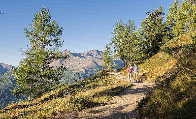 Wanderer auf Etappe 1 des Nockberge Trail im UNESCO Biosphärenpark mit Blick auf alpine Gipfel Richtung Neue Bonner-Hütte.